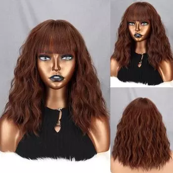 XINRAN Женская мода Короткий пышный волнистый парик с челкой Синтетическое волокно Натуральная кукурузная волна Повседневная одежда Косплей Коричневый цвет Короткий волнистый парик 30 cm