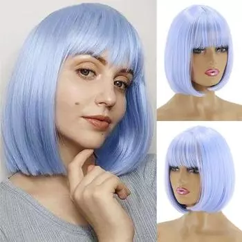 XINRAN Женская мода Светло-голубые волосы Боб с челкой Короткий прямой синий парик для косплея Синтетическое волокно Боб Голубой парик для Хэллоуина