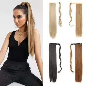 XINRAN женские длинные прямые синтетические волокна хвост повседневная одежда наращивание волос черный блондин цвет омбре длинный прямой шиньон 55 cm