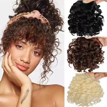 XINRAN женские вьющиеся заколки для волос с накладной челкой, натуральные синтетические черные, коричневые волосы для наращивания, натуральные волосы с челкой, наращивание волос