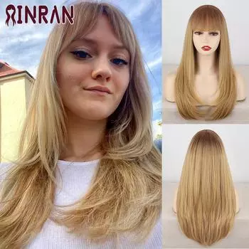 XINRAN женский длинный многослойный парик блондинки с омбре с челкой из синтетического волокна, натуральный прямой парик для косплея, повседневная одежда 55cm