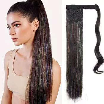 XINRAN женский длинный прямой парик с хвостиком, наращивание волос, блестящий сверкающий накладной хвост, синтетическое волокно, шиньон для вечеринки, повседневного использования