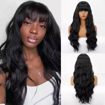 XINRAN женский длинный волнистый парик с челкой из синтетического волокна с натуральной волной воды, черный длинный парик для повседневной носки, косплей T1B-613
