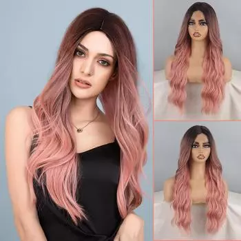 XINRAN женский длинный волнистый розовый парик с омбре без челки из синтетического волокна, натуральный волнистый кружевной передний парик для косплея, повседневная одежда 60cm