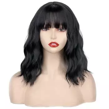 XINRAN женский модный черный натуральный волнистый парик длиной до плеч с челкой, волнистый парик из синтетического волокна для повседневной носки, косплей