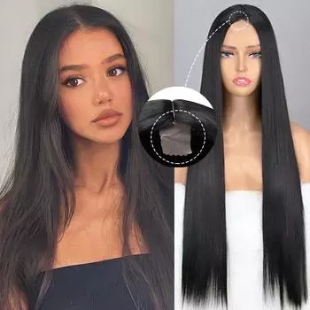 XINRAN женский модный длинный прямой черный парик без челки из синтетического волокна, кружевной передний длинный прямой парик, повседневная одежда 60 cm