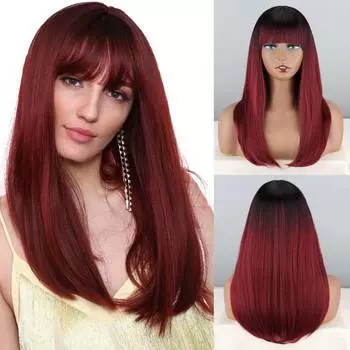 XINRAN женский модный длинный прямой парик красного вина с челкой из синтетического волокна, натуральный прямой парик для косплея, повседневная одежда