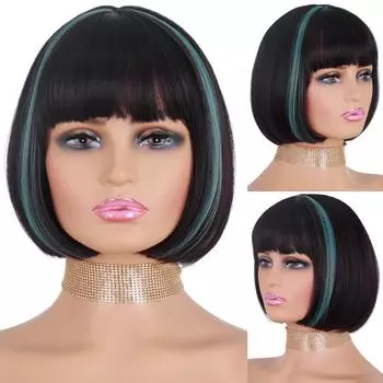 XINRAN женский модный короткий парик боб с тупой челкой контрастного цвета, черный, синий, короткий прямой парик из синтетического волокна для женщин