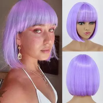 XINRAN женский синтетический светло-фиолетовый парик для косплея, короткие прямые волосы с челкой, фиолетовый парик до плеч, парик для вечеринки в честь Хэллоуина