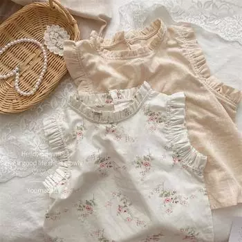 Xintianli Girls 2024 Летний топ без рукавов с цветочным принтом и кружевом из хлопка 120cm цветочный