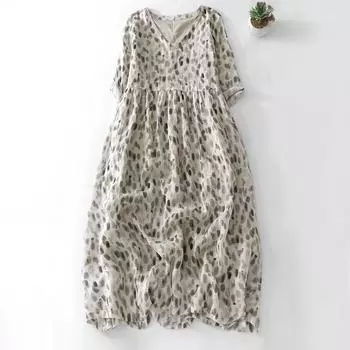 Xinxing 2025 Хлопково-льняное платье-свинг с V-образным вырезом для путешествий - Миди, для летнего отпуска M [95-112 cm]