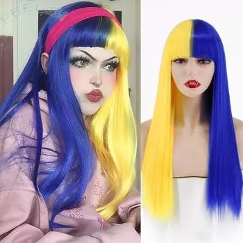 XIRNAN женский Хэллоуин косплей полусиний полужелтый синтетические парики с челкой для женщин косплей повседневное использование парик Лолиты 24inches