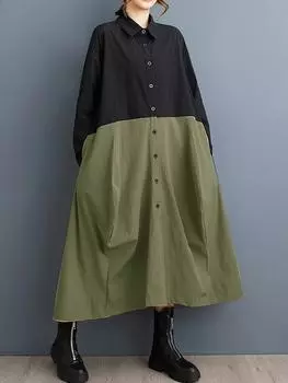 XITAO A-line Casual Full Sleeve Single Breasted Solid Color Dress GMM1023 One Size зелёный