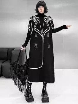 XITAO А-силуэт, однотонное платье до середины икры с длинными рукавами GMM1031 One Size чёрный