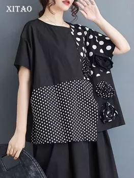 XITAO асимметричная блузка с цветочным принтом в горошек и объемным украшением, женский повседневный топ ZY8815 One Size чёрный