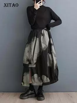 XITAO Асимметричная лоскутная юбка, женская юбка контрастного цвета DMJ3412 One Size чёрный