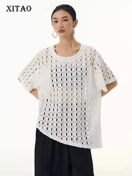 XITAO асимметричная открытая женская футболка, однотонная, свободная, модная, с коротким рукавом, летняя, с круглым вырезом, простой пуловер, топ LYD1872 One Size белый