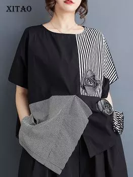XITAO асимметричная полосатая блузка с трехмерным цветочным украшением женский топ ZY8814 One Size чёрный