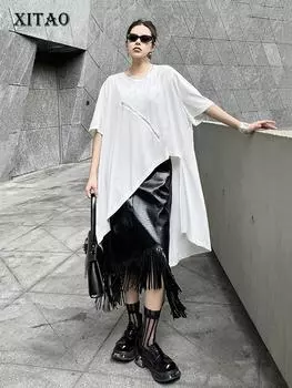 Xitao Асимметричная женская футболка, индивидуальная модная молния, украшающая женский свободный топ HQQ2321 One Size белый
