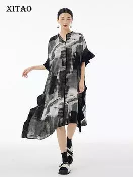 XITAO асимметричное лоскутное марлевое платье тай-дай свободное повседневное платье ZY8833 One Size чёрный