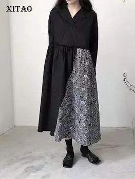 XITAO асимметричное лоскутное платье модный женский пуловер маленькое свежее повседневное платье WMD3825 One Size чёрный