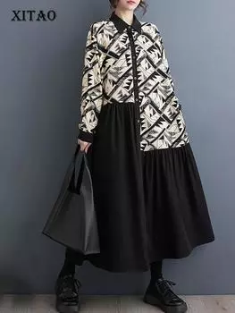 XITAO асимметричное лоскутное платье с принтом, однобортное, с длинными рукавами, весеннее женское трапециевидное платье HQQ2174 One Size жёлтый