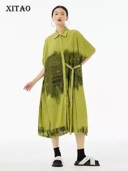 Xitao Асимметричное платье-рубашка на шнуровке контрастного цвета, свободное модное повседневное женское платье HQQ2332 One Size белый