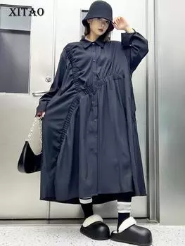XITAO Асимметричное платье с длинным рукавом и отложным воротником ZY8899 One Size чёрный