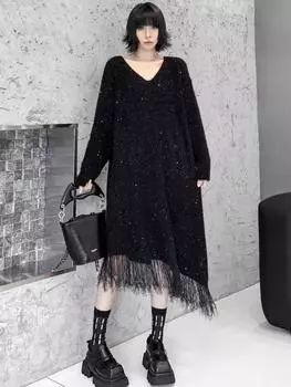 Xitao Асимметричное платье с V-образным вырезом и пайетками в стиле пэчворк GJ1127 One Size чёрный