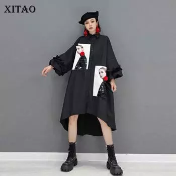 XITAO асимметричное платье женское повседневное модное новое стильное отложной воротник с блестками в стиле пэчворк однобортное элегантное WMD1596