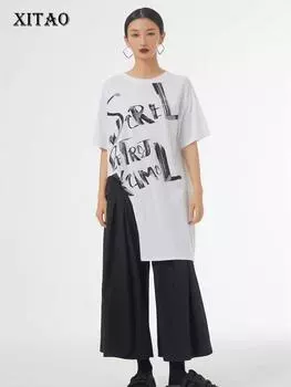 Xitao Асимметричные футболки с круглым вырезом и буквенным принтом, повседневные женские топы GJ1023 One Size белый