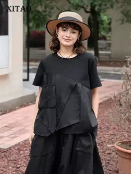 Xitao Асимметричные лоскутные футболки, однотонные повседневные женские топы GJ1055