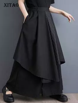 XITAO асимметричные лоскутные полосатые брюки с карманами, свободные, с высокой талией, повседневные модные женские туфли WLD11720 One Size чёрный