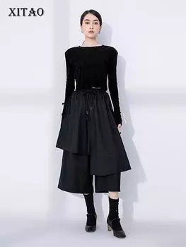 XITAO асимметричные лоскутные широкие брюки однотонные свободные широкие брюки ZY8694 One Size чёрный