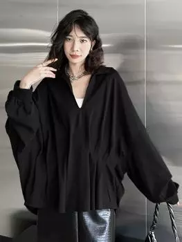 XITAO асимметричные складки рукава «летучая мышь» женская блузка однотонный V-образный вырез пуловер свободный утягивающий топ пальто 2024 осень новинка ZY8887 One Size чёрный