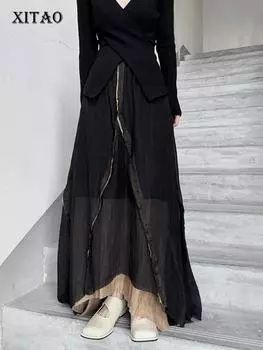 Xitao Асимметричные юбки из сетки в стиле пэчворк ZY8675 One Size чёрный