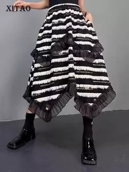 Xitao Асимметричные юбки в полоску из марли в стиле пэчворк HQQ2401 One Size чёрный
