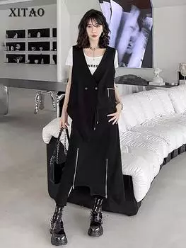 XITAO Асимметричные женские комплекты, черная юбка на молнии, жилет, комплекты из двух предметов HJH62271