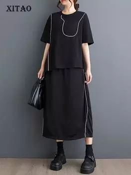 Xitao Асимметричный топ, женские комплекты, лоскутный пуловер, модная юбка, комплекты из бусин DMJ4150 One Size чёрный