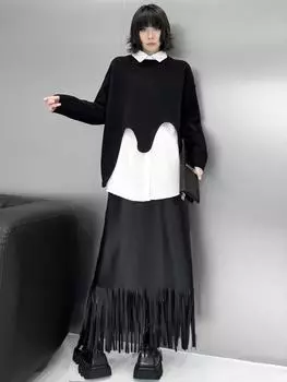 XITAO асимметричный вязаный свитер с круглым вырезом GMM1288 One Size чёрный