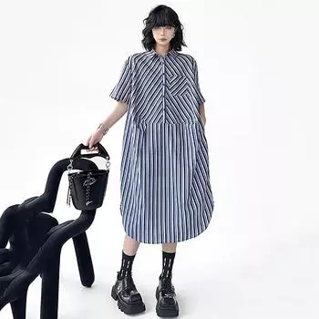 XITAO Asymmetric Striped Shirt Dress ZMY1071 One Size синий