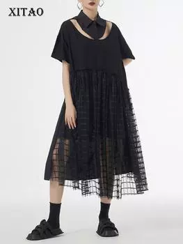 XITAO ажурное лоскутное марлевое платье-пуловер в клетку, свободное повседневное WLD16839 One Size чёрный