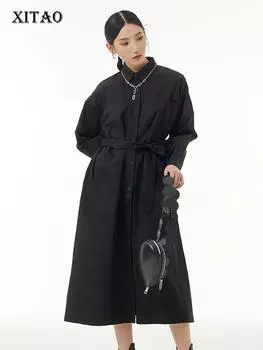 XITAO Bandage Fashion однотонное повседневное платье-рубашка ZY7820 One Size чёрный