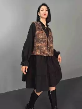 Xitao Бандажные платья контрастного цвета с V-образным вырезом в стиле пэчворк GJ1094 One Size чёрный