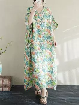 XITAO Batwing Sleeve Flower V-neck Dress ZMY1008 One Size зелёный