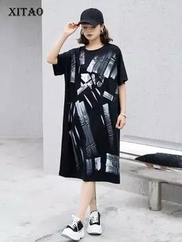 XITAO Black Personality Print Dress Loose Casual Women WLD20180