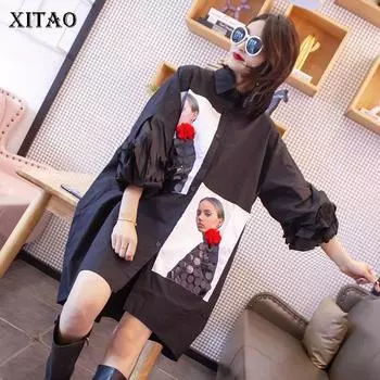 XITAO блузка с рисунком и принтом, новая модная женская однобортная повседневная рубашка больших размеров, нерегулярная черная плиссированная повседневная рубашка WMD1596
