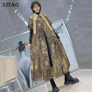 XITAO блузка с узором и принтом, новая модная женская винтажная плиссированная рубашка больших размеров с веером богини, повседневный стиль, свободная рубашка, топ WMD0004