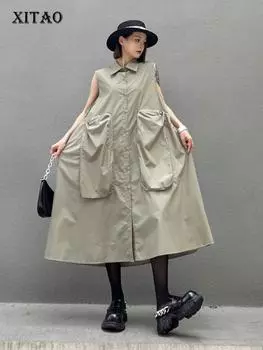 XITAO Большие карманы однотонное свободное платье без рукавов GJ1065