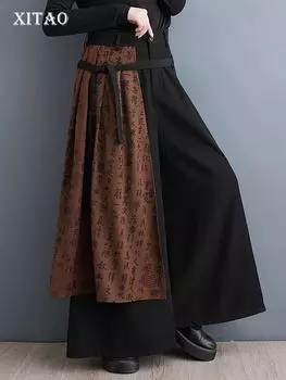 XITAO Брюки с принтом и буквами, свободные широкие брюки с эластичной резинкой на талии DMJ4092 One Size чёрный